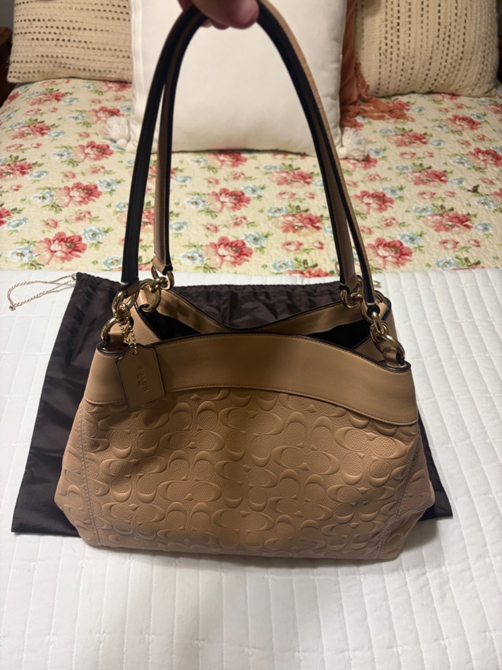 Coach Lexy embossed signature leather Shoulder Bag in a beige/nude design.